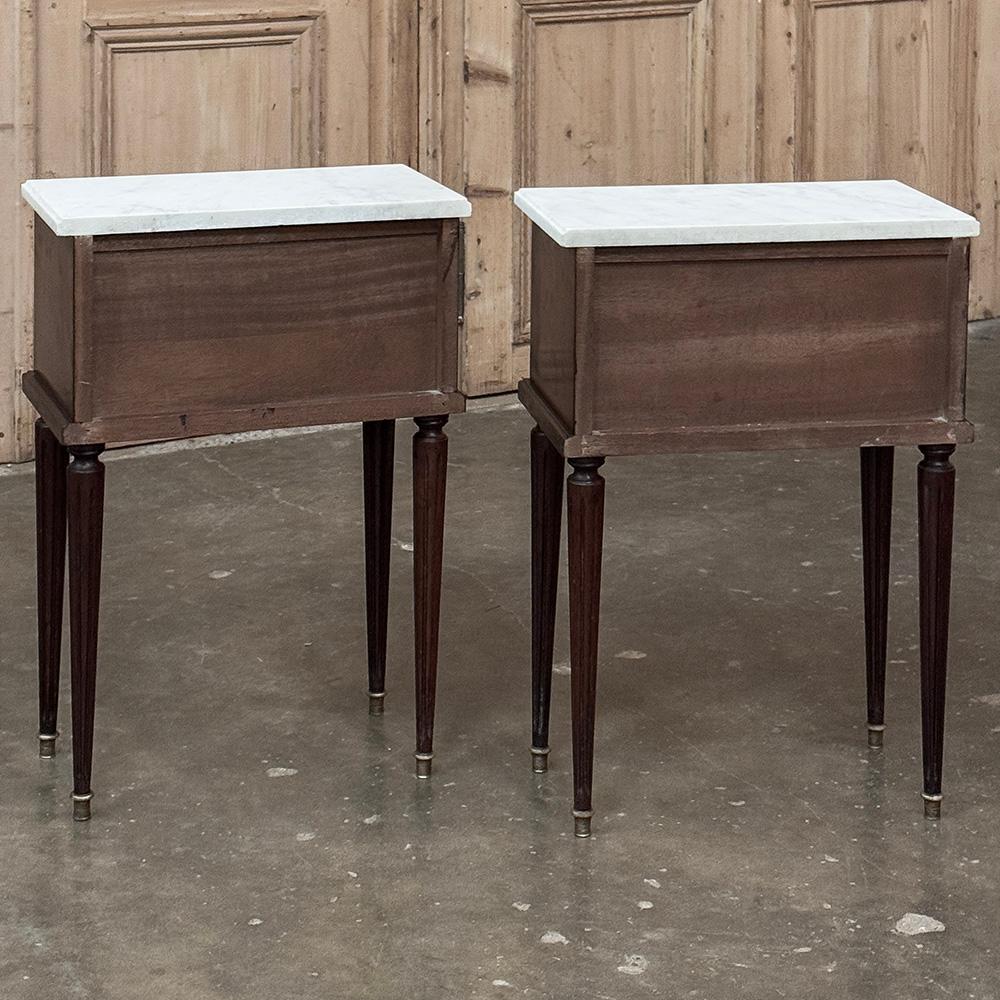 Pair Louis XVI Style Mahogany End Tables ~ Nightstands with Carrara Marble For Sale 11