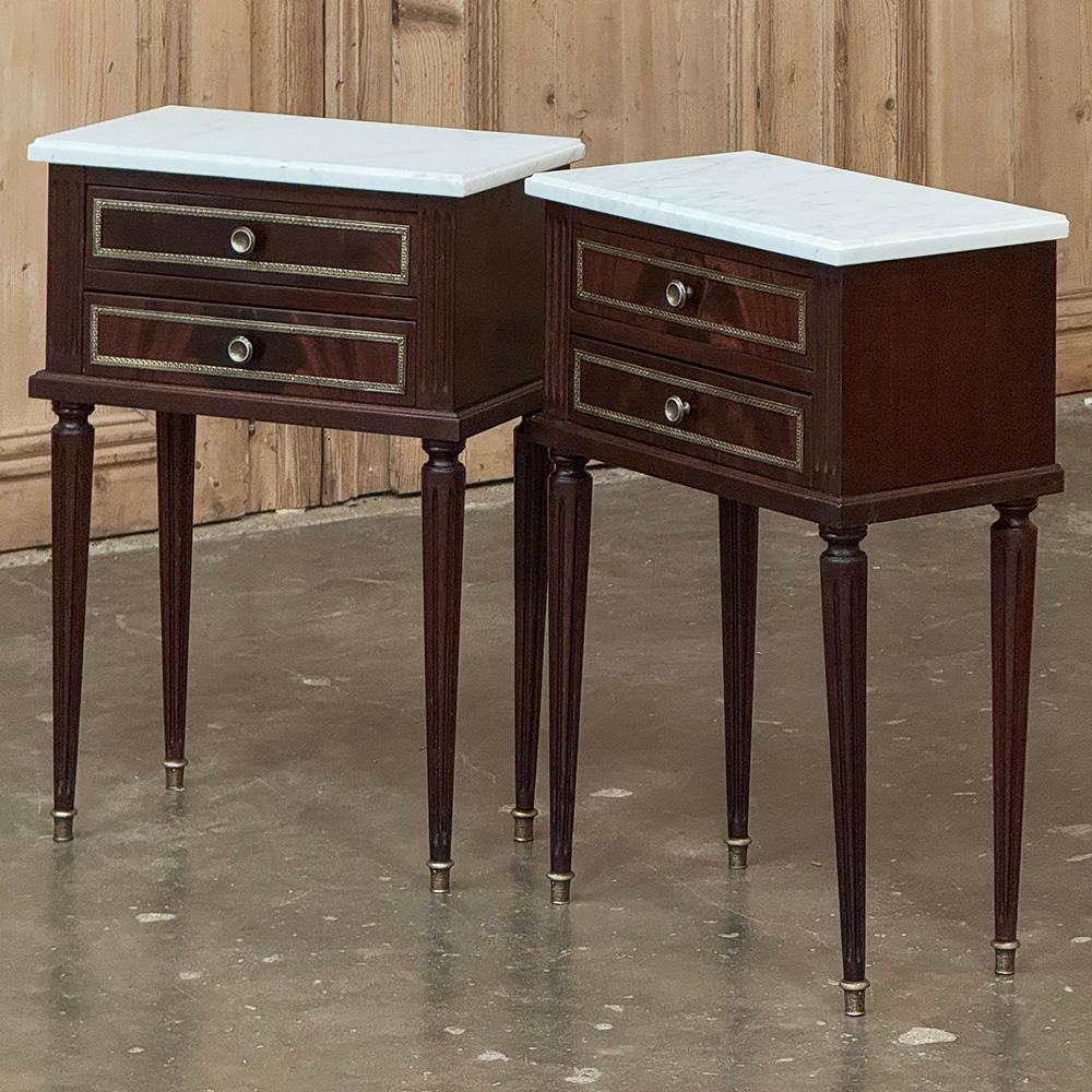 Pair Louis XVI Style Mahogany End Tables ~ Nightstands with Carrara Marble will make perfect symmetrical companions to any seating group or bedside.  Designed for placement against a wall, or perhaps backed up to a sofa, each features tailored,