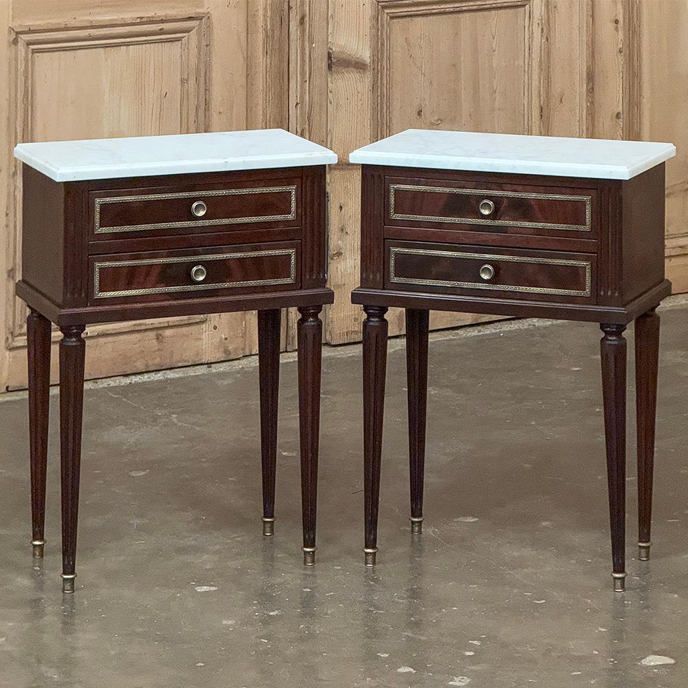 Hand-Crafted Pair Louis XVI Style Mahogany End Tables ~ Nightstands with Carrara Marble For Sale