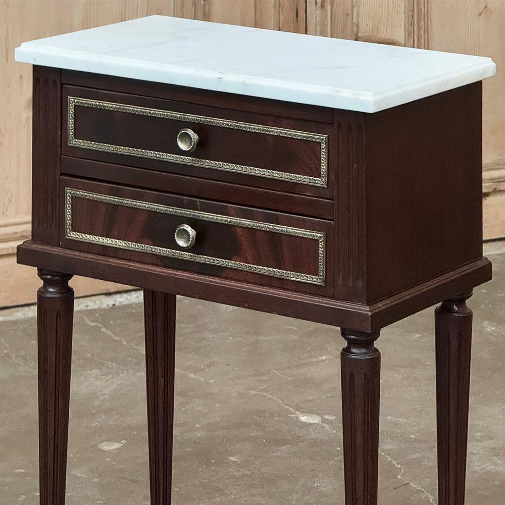 Brass Pair Louis XVI Style Mahogany End Tables ~ Nightstands with Carrara Marble For Sale