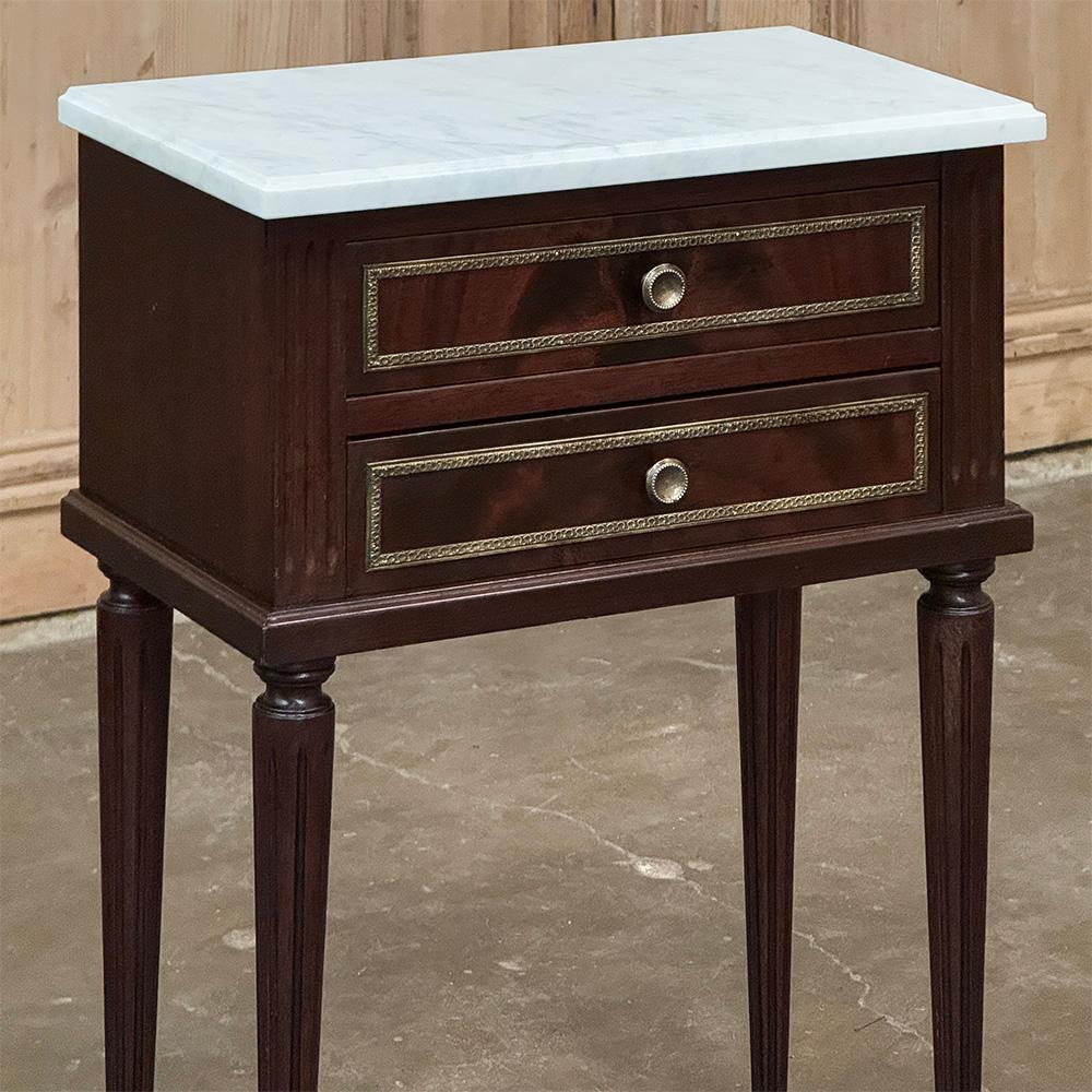 Pair Louis XVI Style Mahogany End Tables ~ Nightstands with Carrara Marble For Sale 2