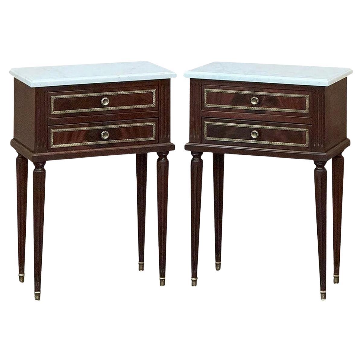 Pair Louis XVI Style Mahogany End Tables ~ Nightstands with Carrara Marble For Sale