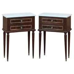 Vintage Pair Louis XVI Style Mahogany End Tables ~ Nightstands with Carrara Marble