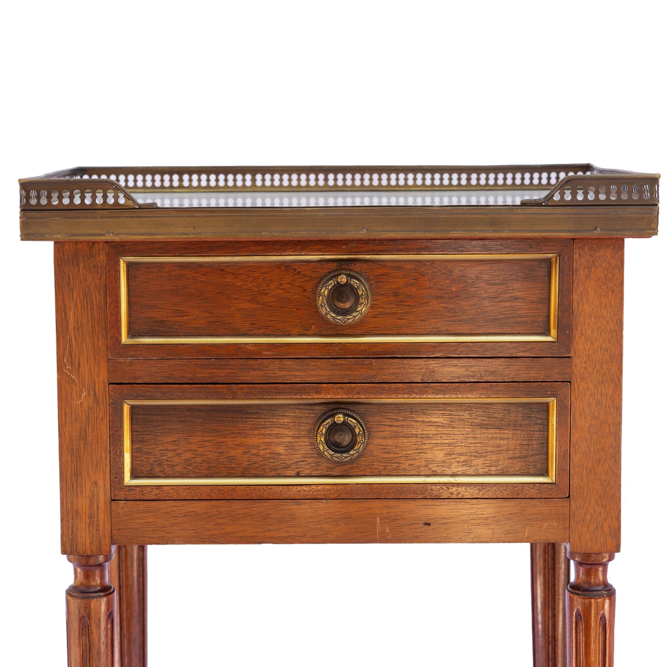 French Pair Directoire-Style Mahogany Side Tables, Marble Tops, Gilt Bronze Moldings