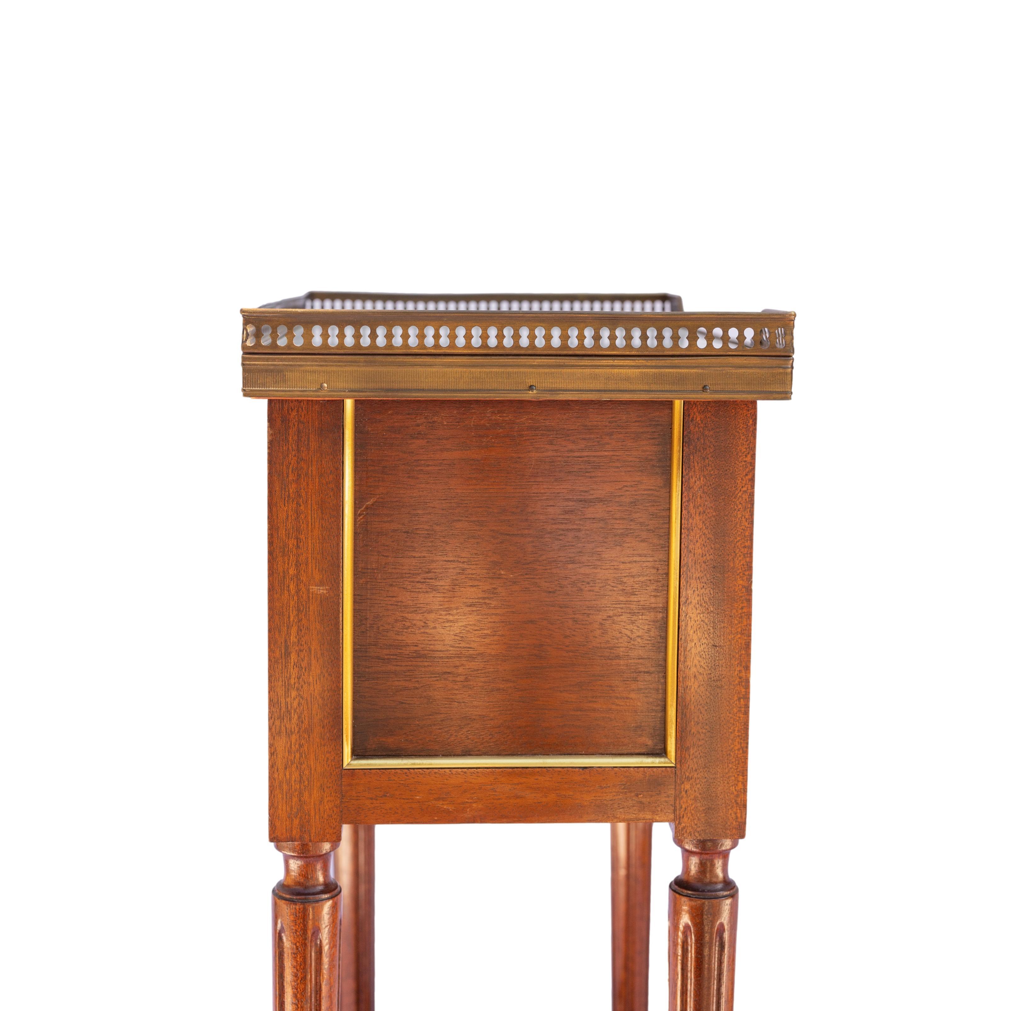 Pair Directoire-Style Mahogany Side Tables, Marble Tops, Gilt Bronze Moldings 1