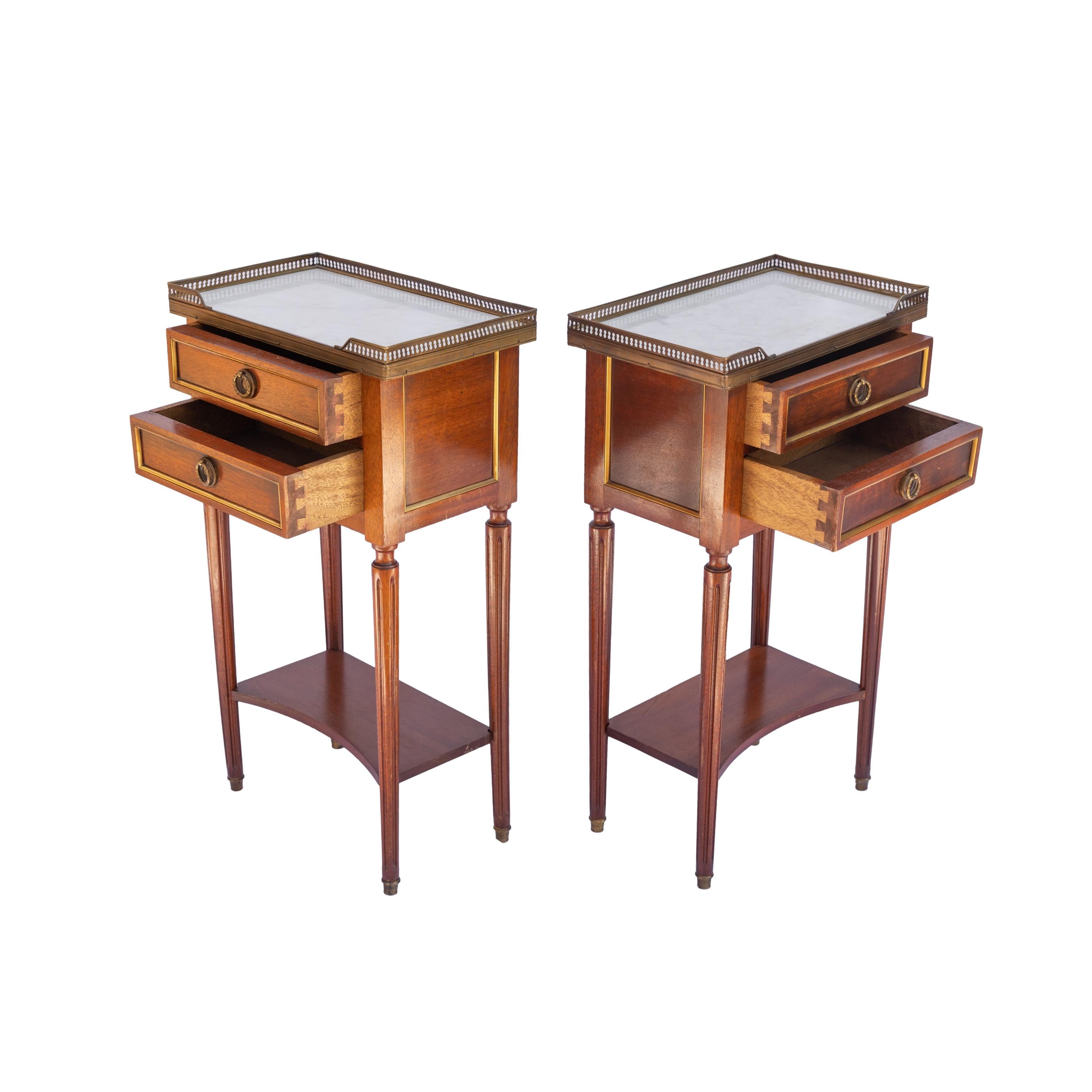 Pair Directoire-Style Mahogany Side Tables, Marble Tops, Gilt Bronze Moldings 2