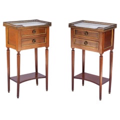 Pair Directoire-Style Mahogany Side Tables, Marble Tops, Gilt Bronze Moldings