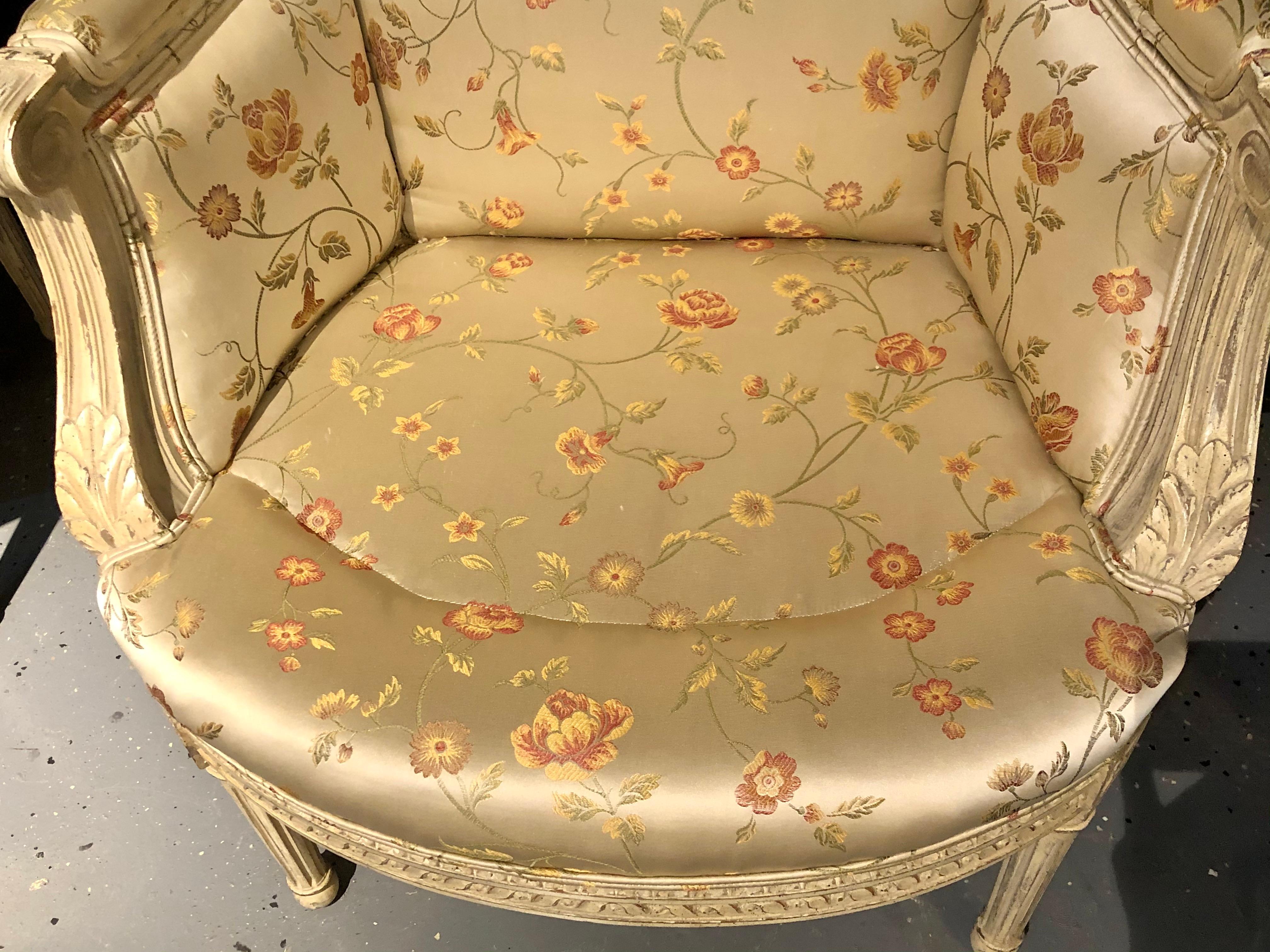 Maison Jansen Attributed, Louis XVI, Armchairs, Painted Wood, Silk, France 1930s For Sale 5