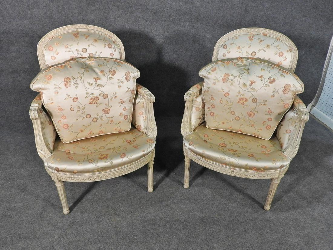 Pair Louis XVI Style Maison Jansen Bergeres in A Distressed Frame having a Scalamandre upholstery. Simply stunning white washed finely carved frames covered in a raised Scalamandre frbric having floral design throughout. Strong and Sturdy.
hLX

