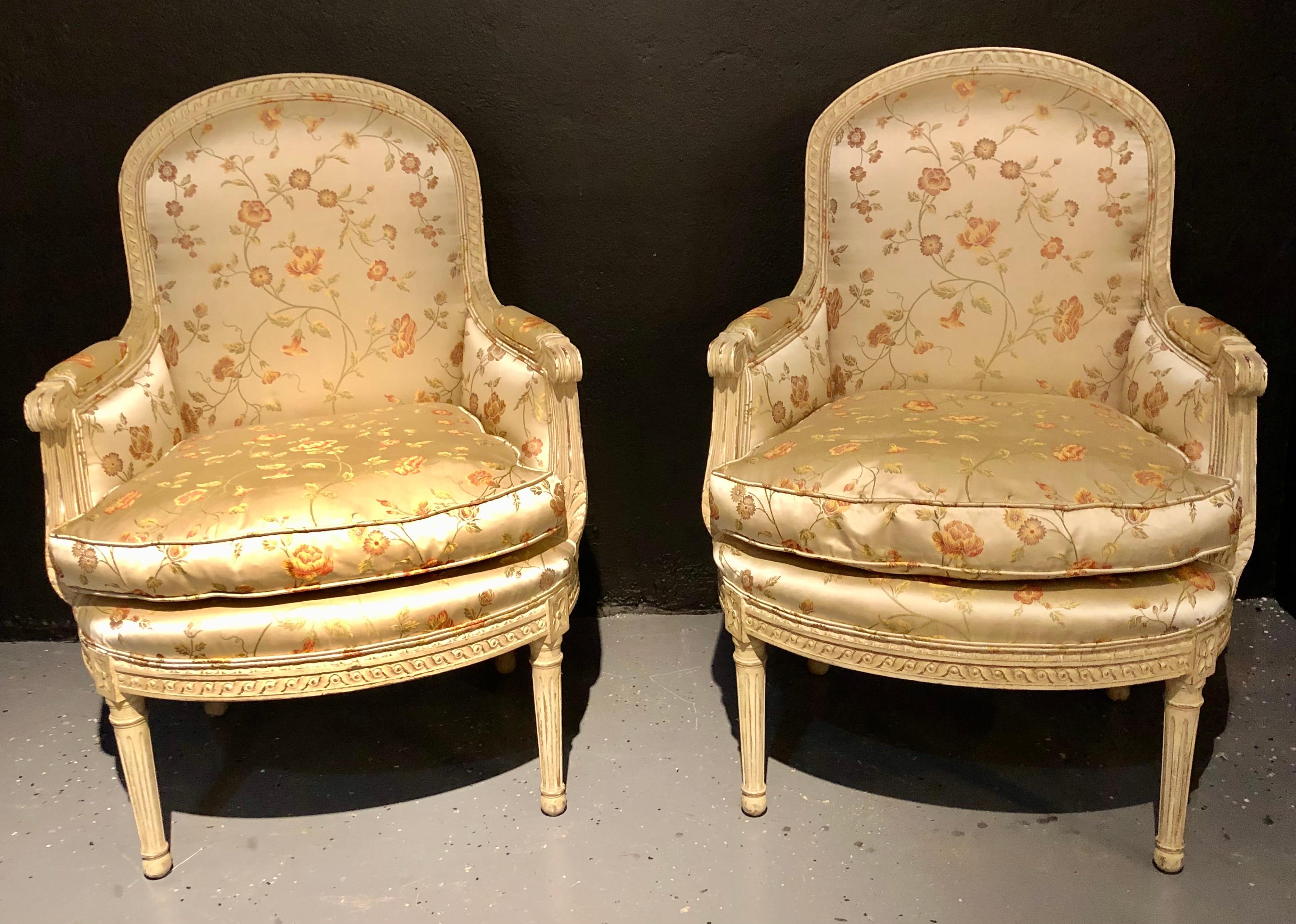 Hand-Painted Maison Jansen Attributed, Louis XVI, Armchairs, Painted Wood, Silk, France 1930s For Sale