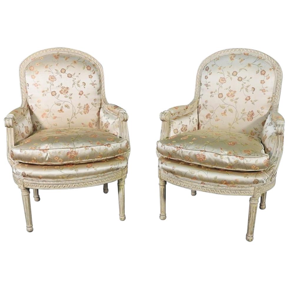 Maison Jansen Attributed, Louis XVI, Armchairs, Painted Wood, Silk, France 1930s