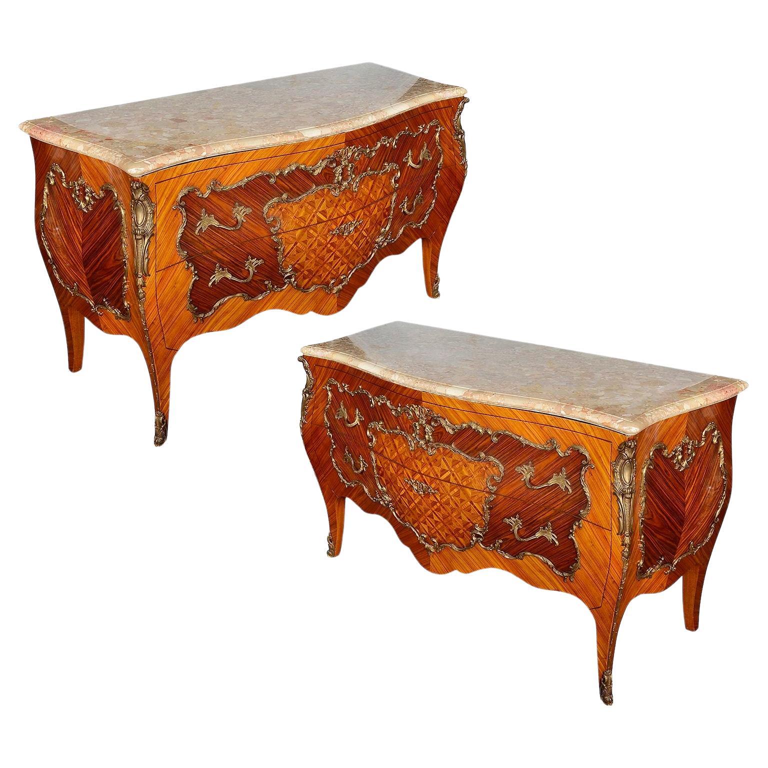 Pair Louis XVI style marble topped commodes. For Sale