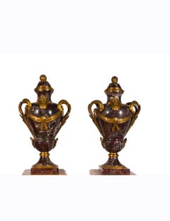 Pair Louis XVI Style Mottled Lavender Marble and Gilt Bronze Ormolu Covered Urns