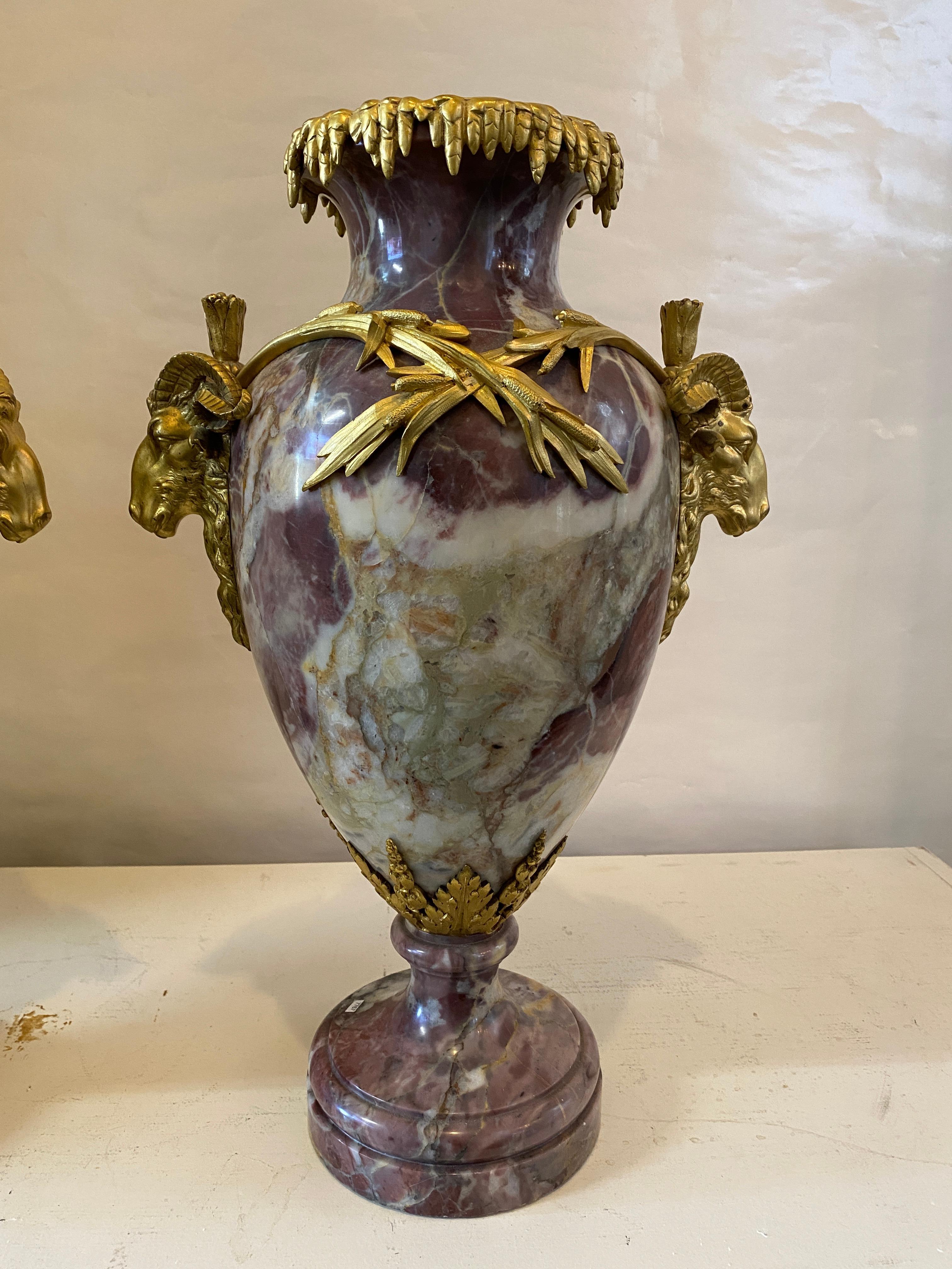 Pair of Louis XVI Style Ormolu Mounted Breche Marble Vases For Sale 3