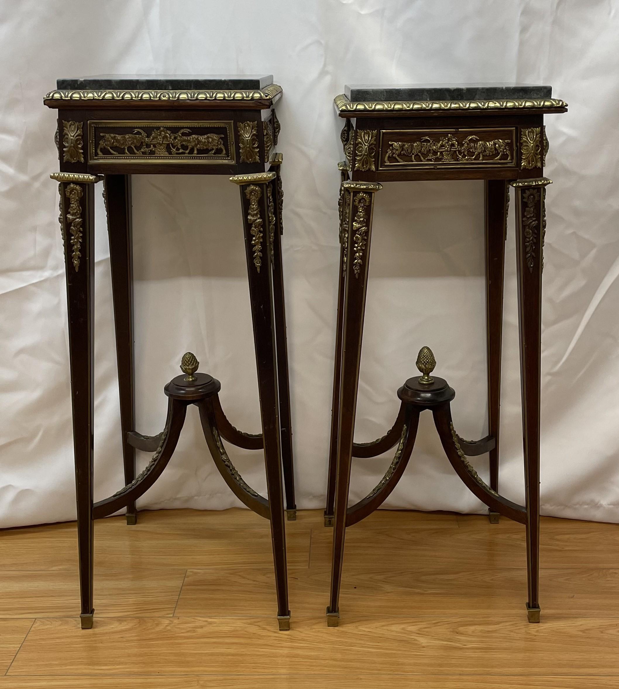 Wood Pair Louis XVI style ormolu mounted stands with ram-head design and marble tops  For Sale