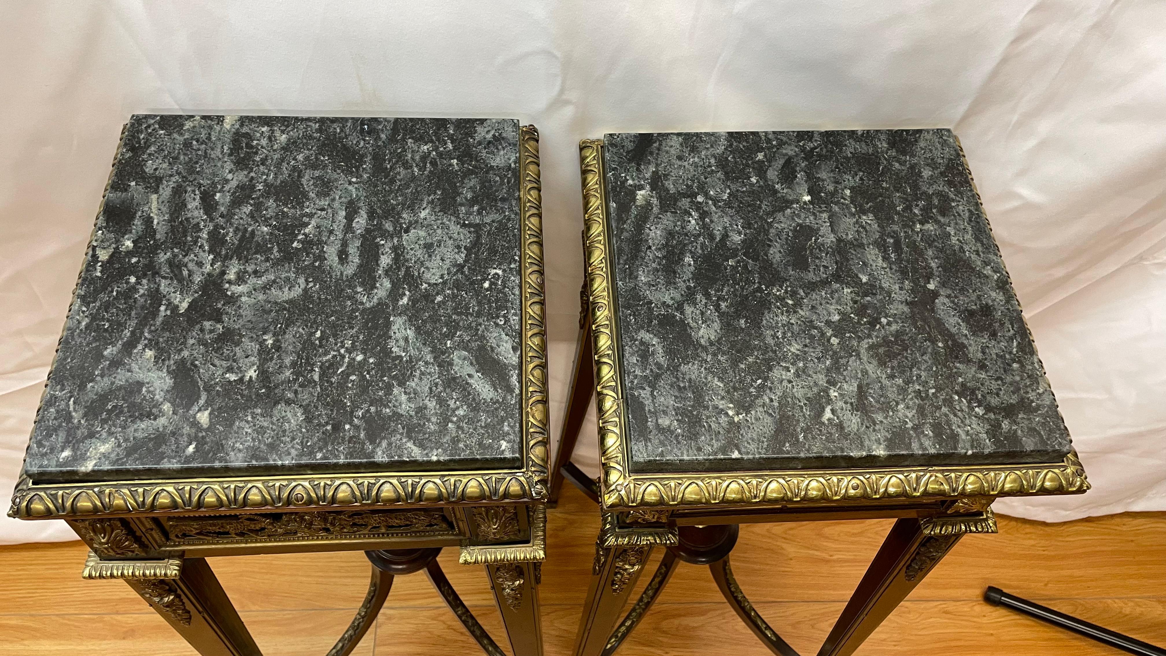 Pair Louis XVI style ormolu mounted stands with ram-head design and marble tops  For Sale 3