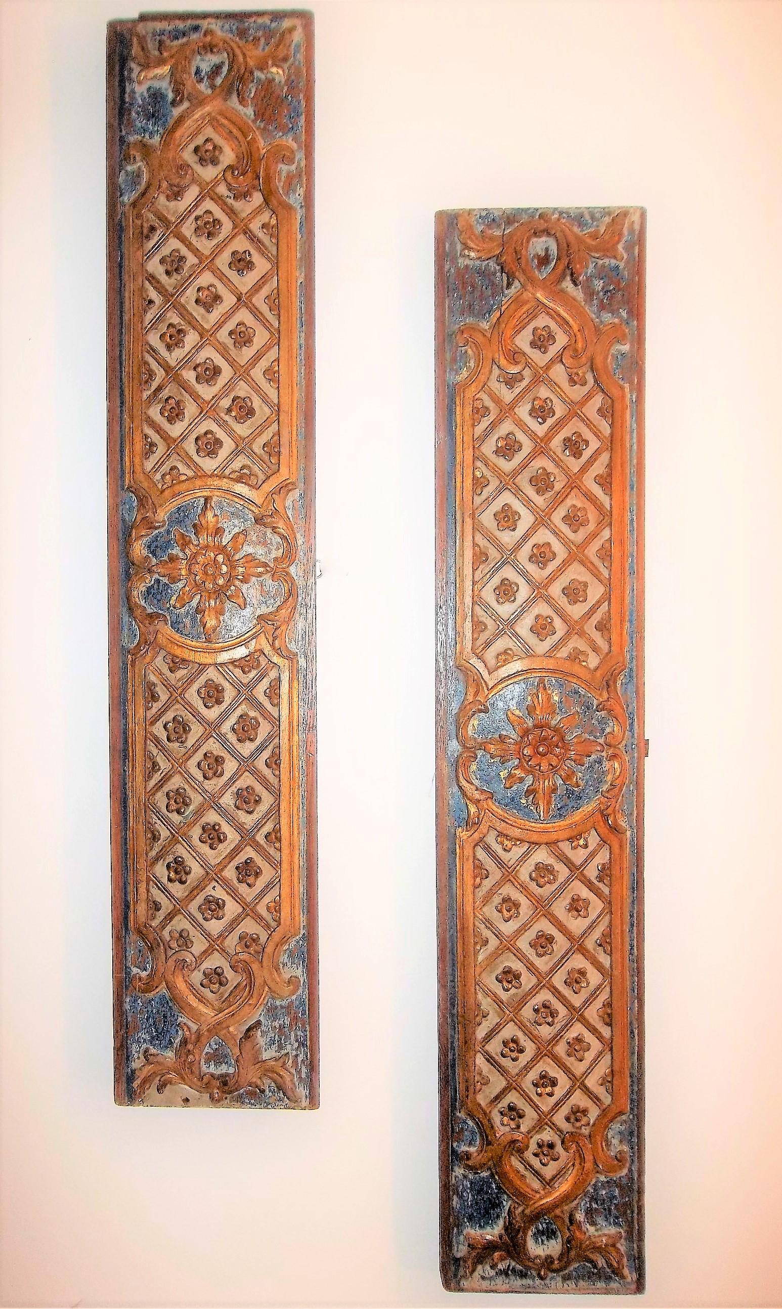 Can hang vertically or horizontally or in plate stands (for chest or tabletop) . Probably oak (maybe beech) with carved scrolls and rosettes. The paint and gilding now charmingly worn with decades of grime. Delicious distressed finish on sturdy
