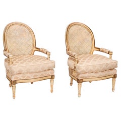 Pair Louis XVI Style Painted Fauteuils with Canned Seat Back and Silk Upholstery