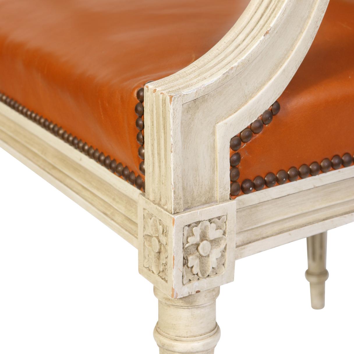 Pair Louis XVI Style Painted Orange Leather Arm Chairs In Good Condition In Locust Valley, NY
