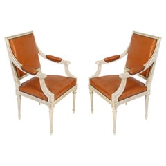 Pair Louis XVI Style Painted Orange Leather Arm Chairs