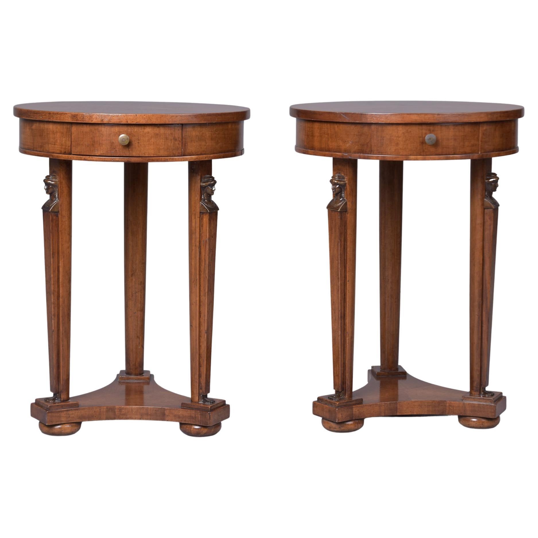 Pair Louis XVI Style Round Mahogany Side Tables
