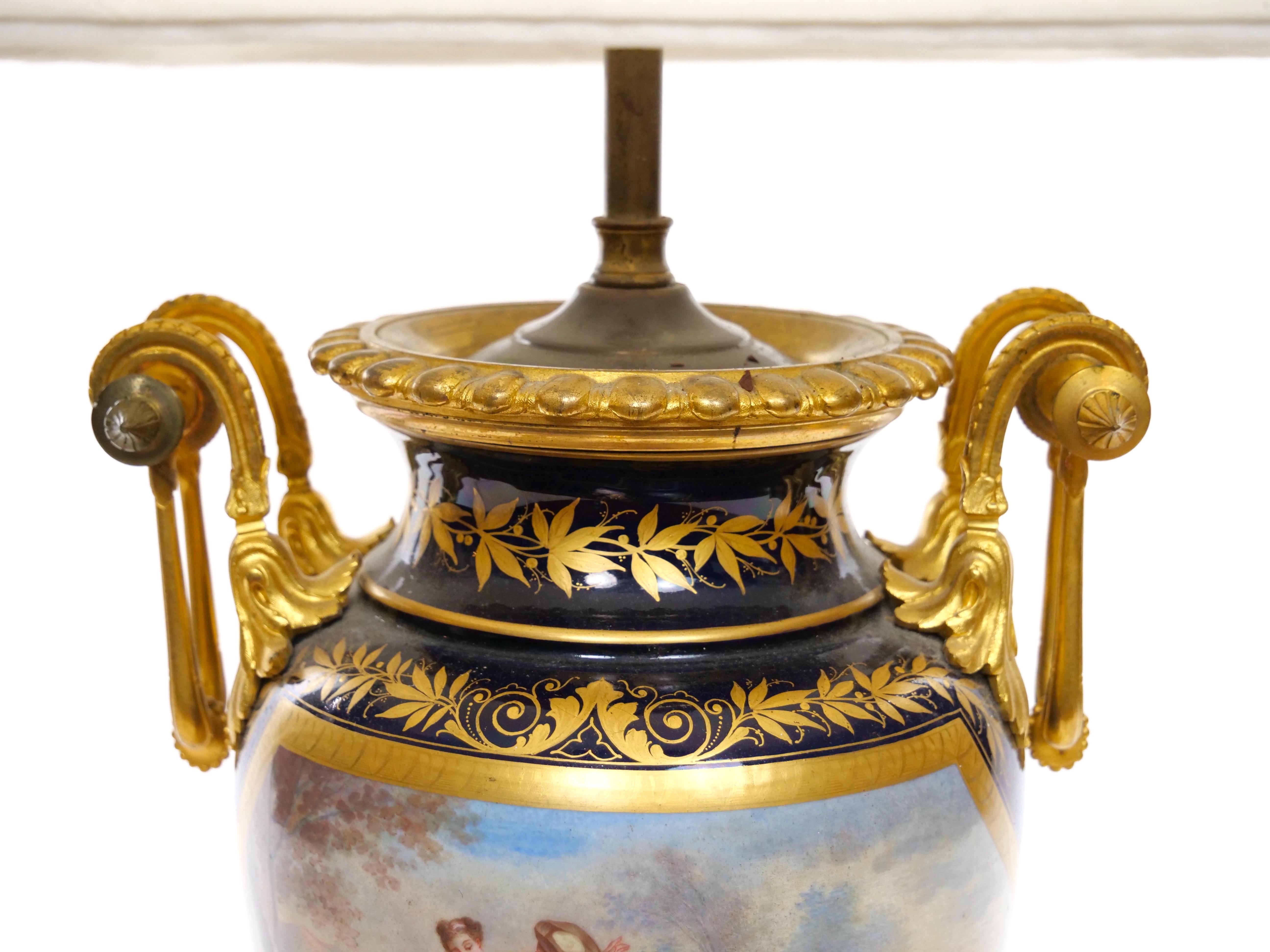 Pair Louis XVI Style Sevres Porcelain / Dore Bronze Vase Lamp For Sale 9
