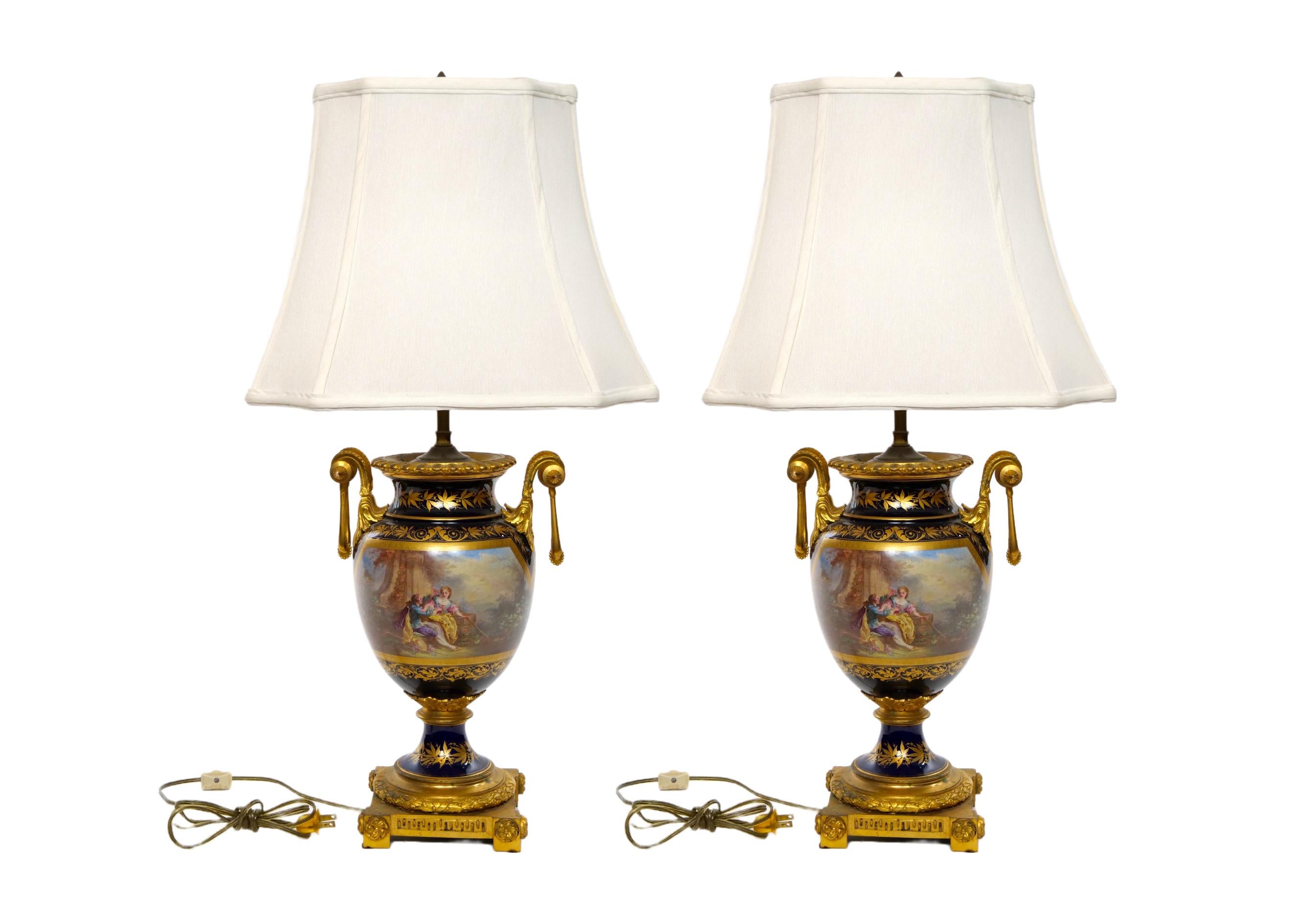 Pair Louis XVI Style Sevres Porcelain / Dore Bronze Vase Lamp For Sale 12