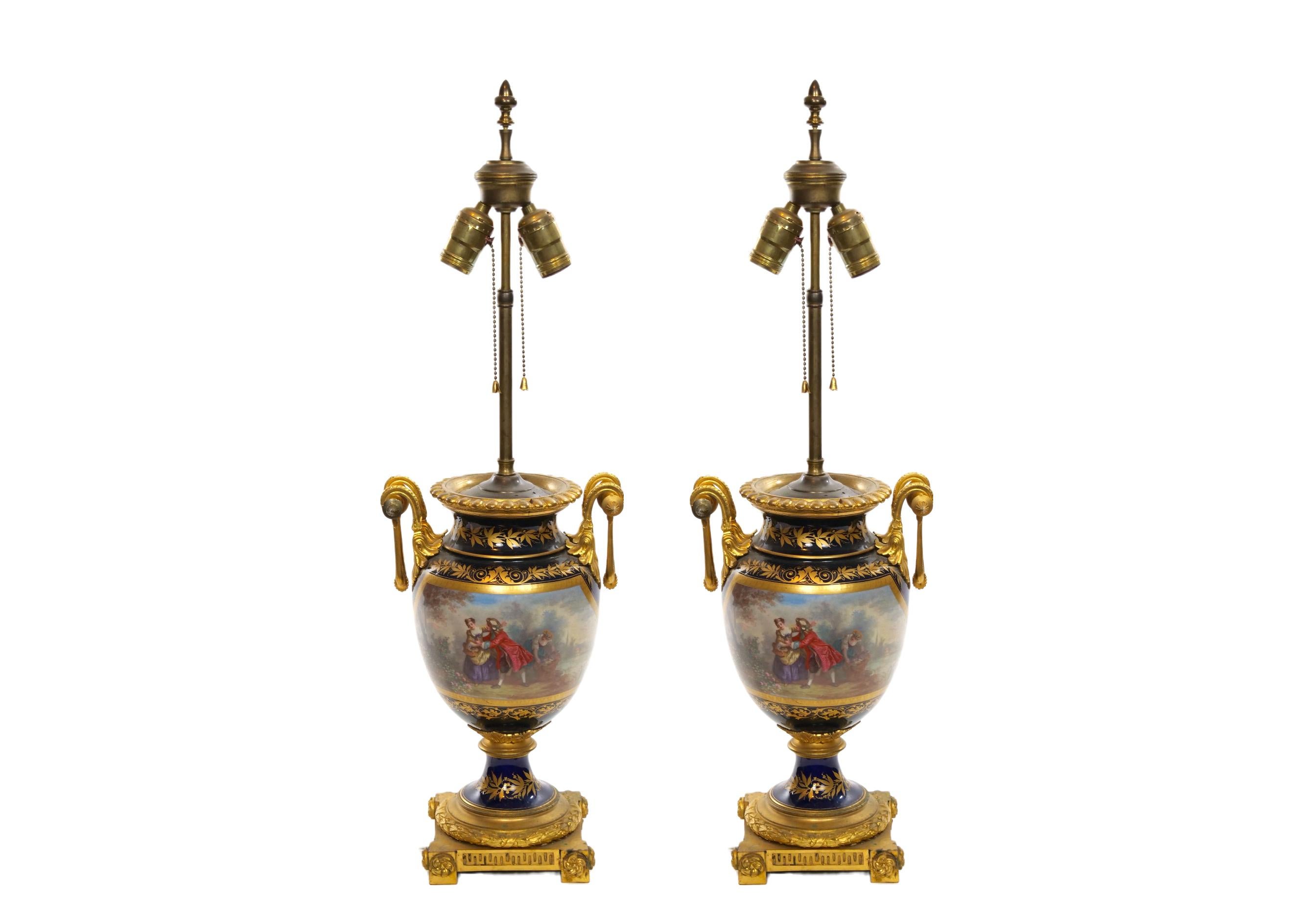 Gilt Pair Louis XVI Style Sevres Porcelain / Dore Bronze Vase Lamp For Sale