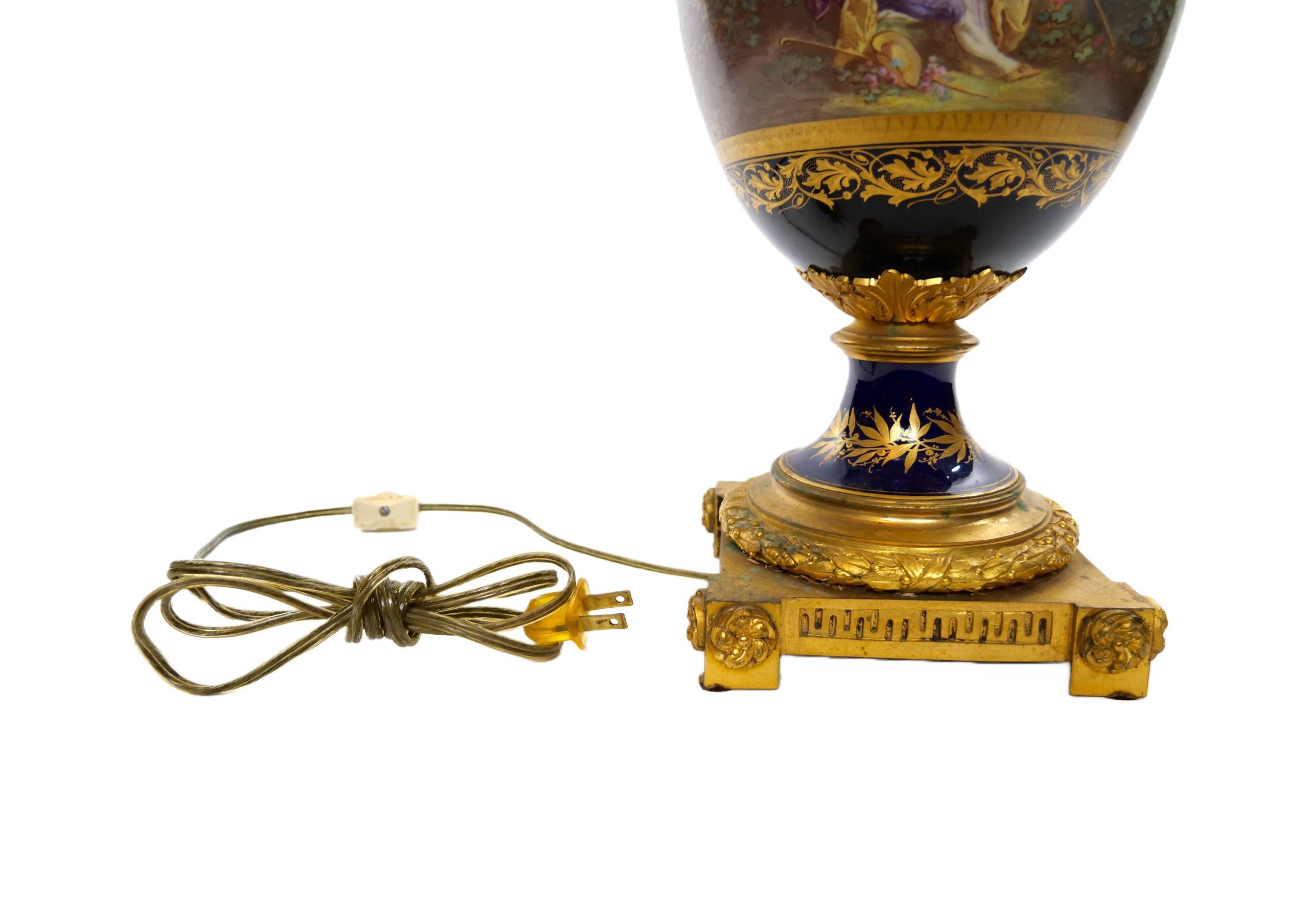 Mid-19th Century Pair Louis XVI Style Sevres Porcelain / Dore Bronze Vase Lamp For Sale