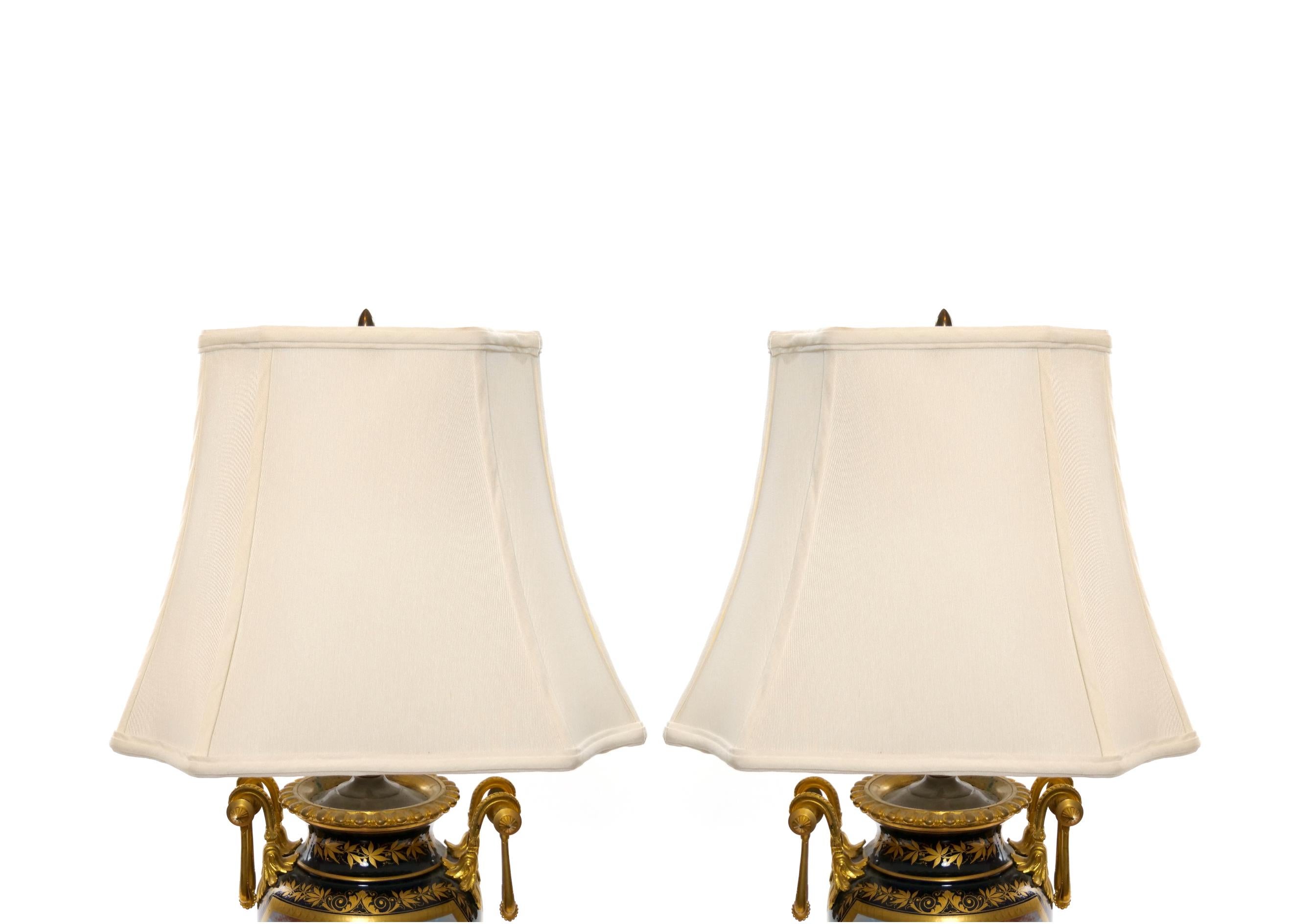 Pair Louis XVI Style Sevres Porcelain / Dore Bronze Vase Lamp For Sale 2