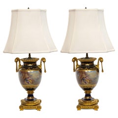 Antique Pair Louis XVI Style Sevres Porcelain / Dore Bronze Vase Lamp