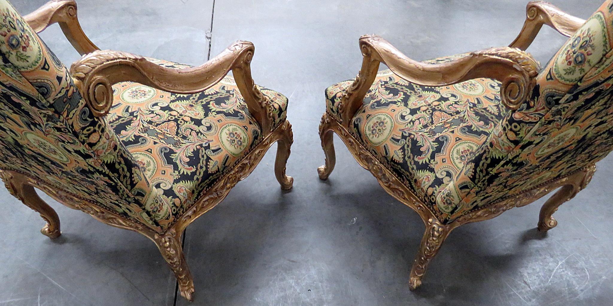 Pair of Antique Distressed Gilded Louis XVI Style Tapestry Armchairs 4