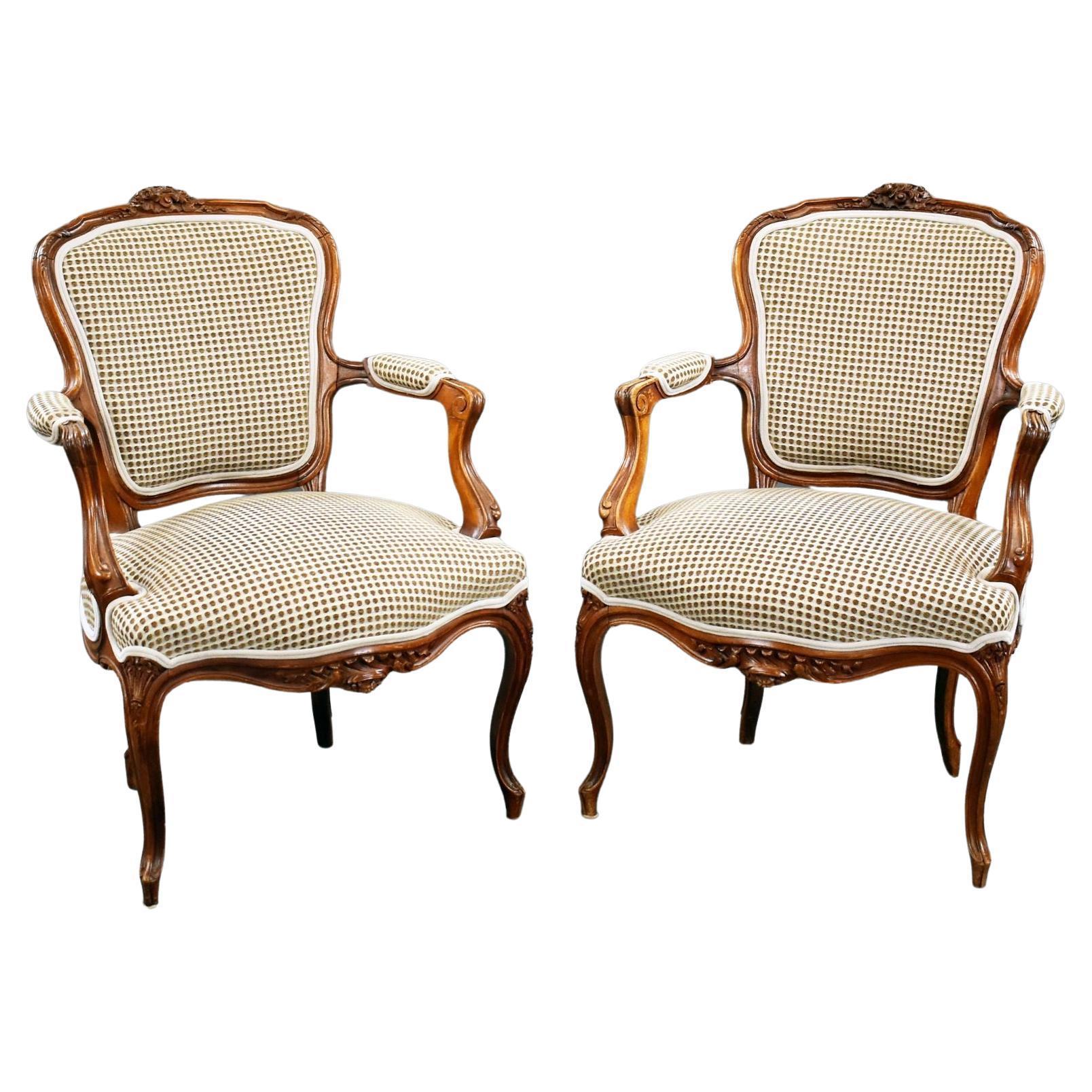 Pair Louis XVI Style Walnut Open Armchairs