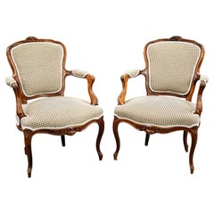 Pair Louis XVI Style Walnut Open Armchairs