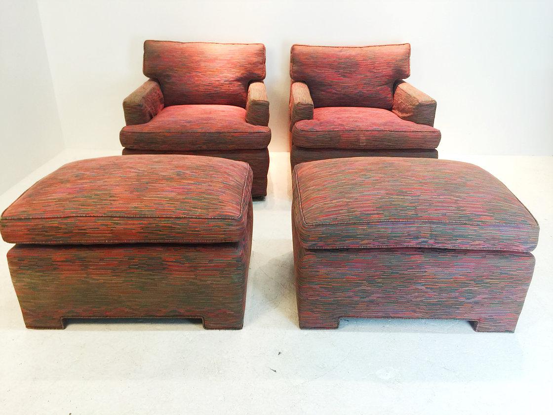Pair lounge armchairs and ottomans by Baker. Ottomans and chairs are in good condition and can be used as is, but recommend new upholstery. There is some fading on fabric. 

Dimensions:
31