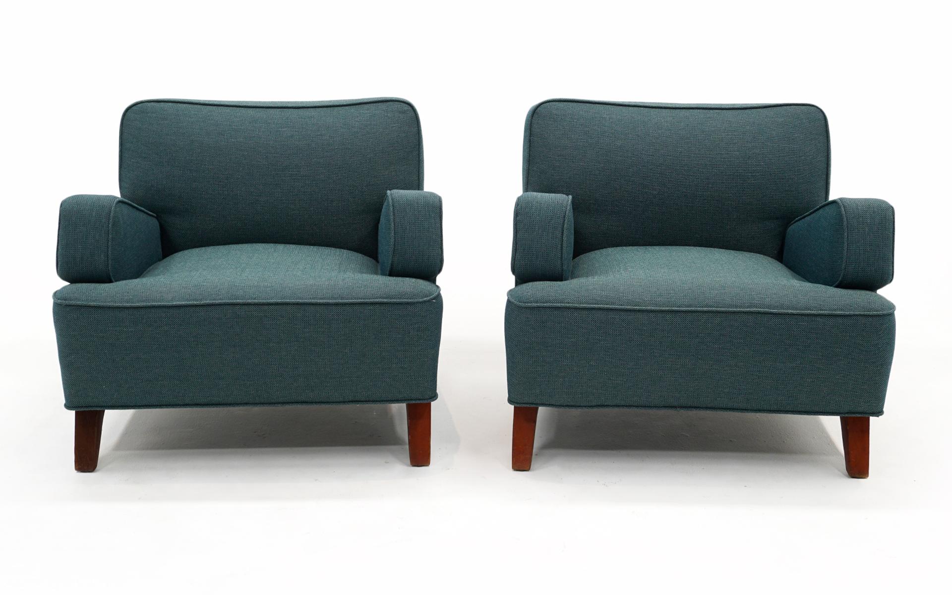 American Pair Lounge Chairs by Jens Risom, Original, Early, Rare Angled Arm Design