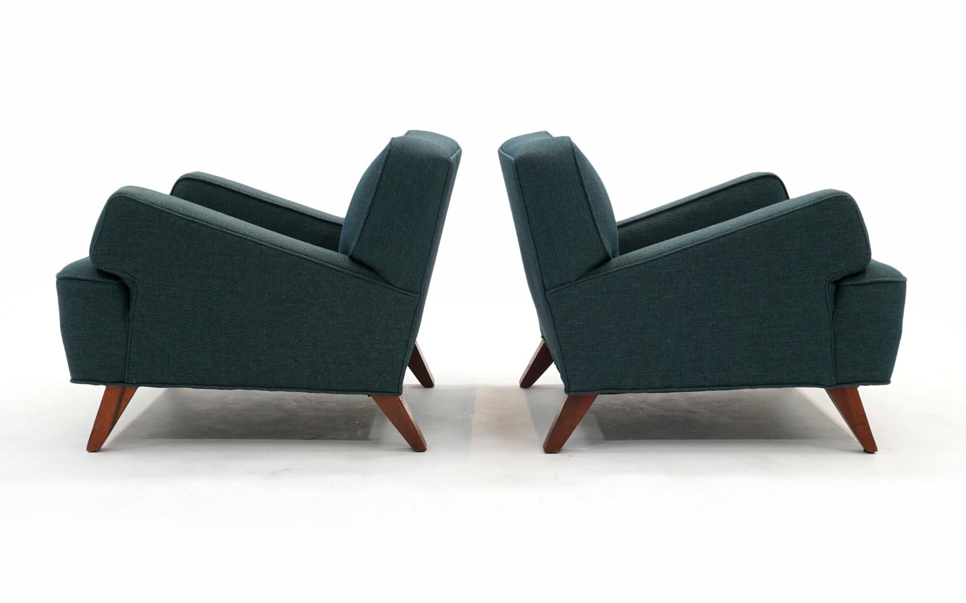 Upholstery Pair Lounge Chairs by Jens Risom, Original, Early, Rare Angled Arm Design