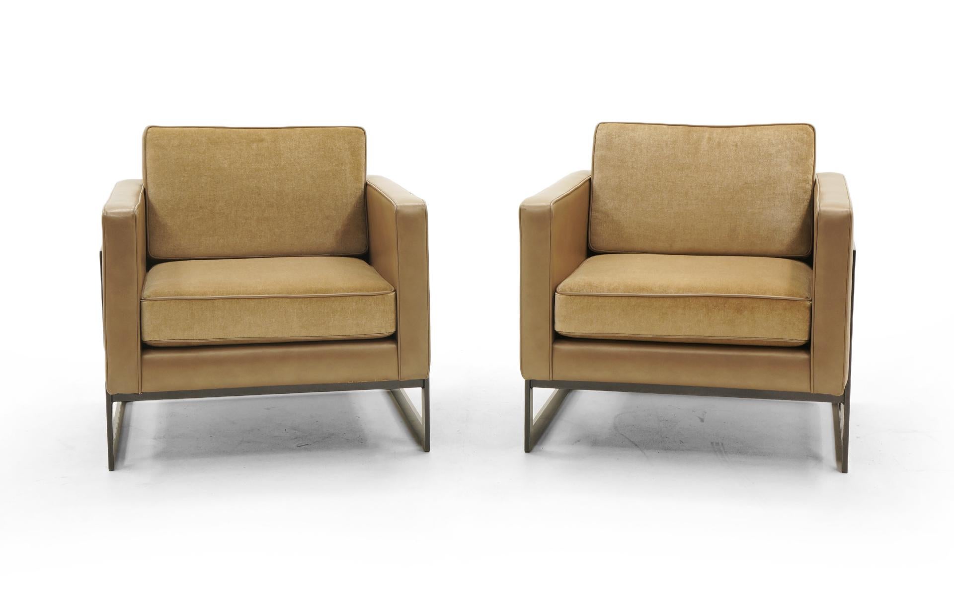 Pair of cube shaped lounge chairs by Milo Baughman for Thayer Coggin.  Reupholstered chair bodies in camel color leather and seat cushions in a matching mohair fabric.  The frames have been professionally powder coated in a dark espresso slightly