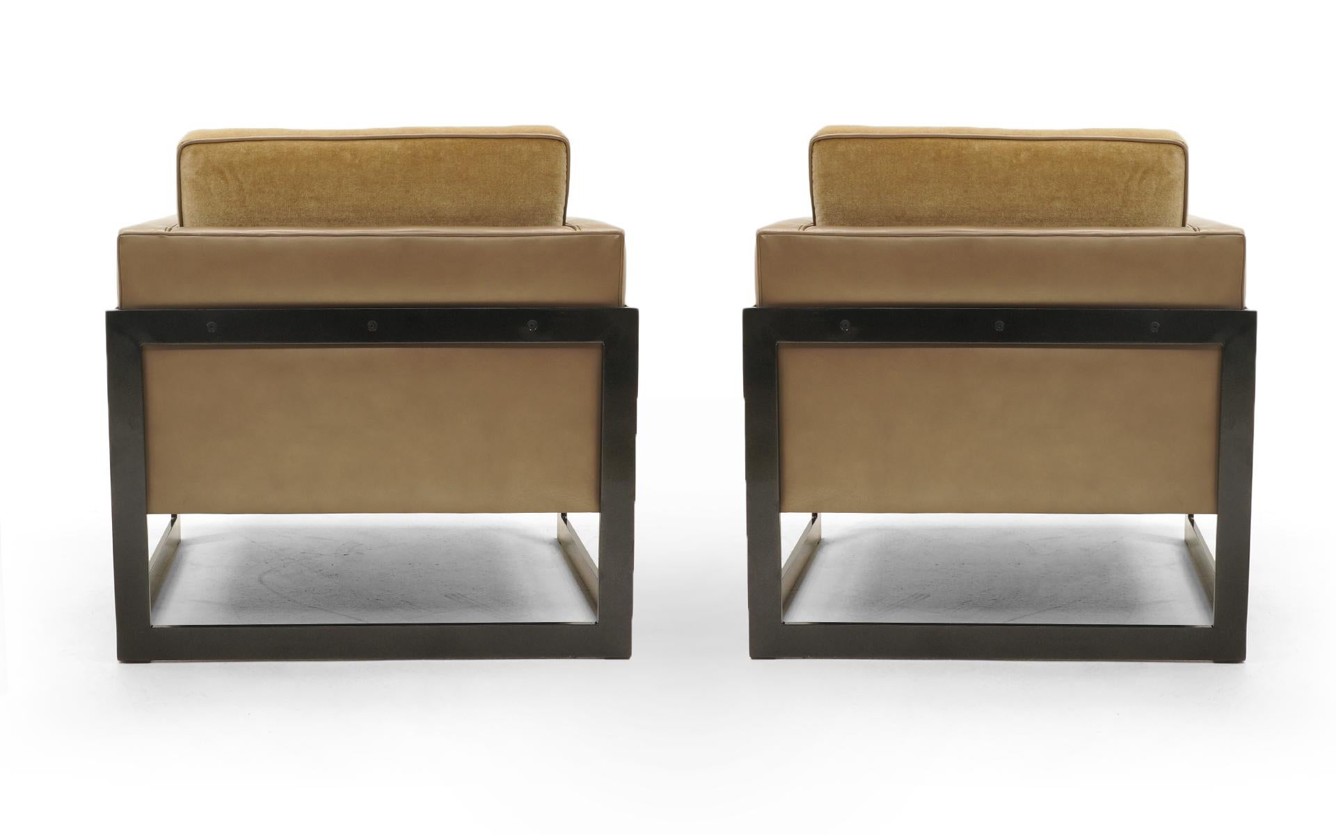 American Pair Lounge Chairs by Milo Baughman, Camel / Tan Mohair and Leather, Beautiful