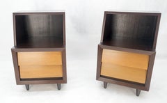 Pair Louver Shape Two Drawer Step End Tables Night Stands Brown & Light Walnut