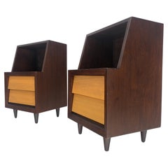 Paar Louver Shape Two Drawer Step End Tables Night Stands Brown & Light Walnut
