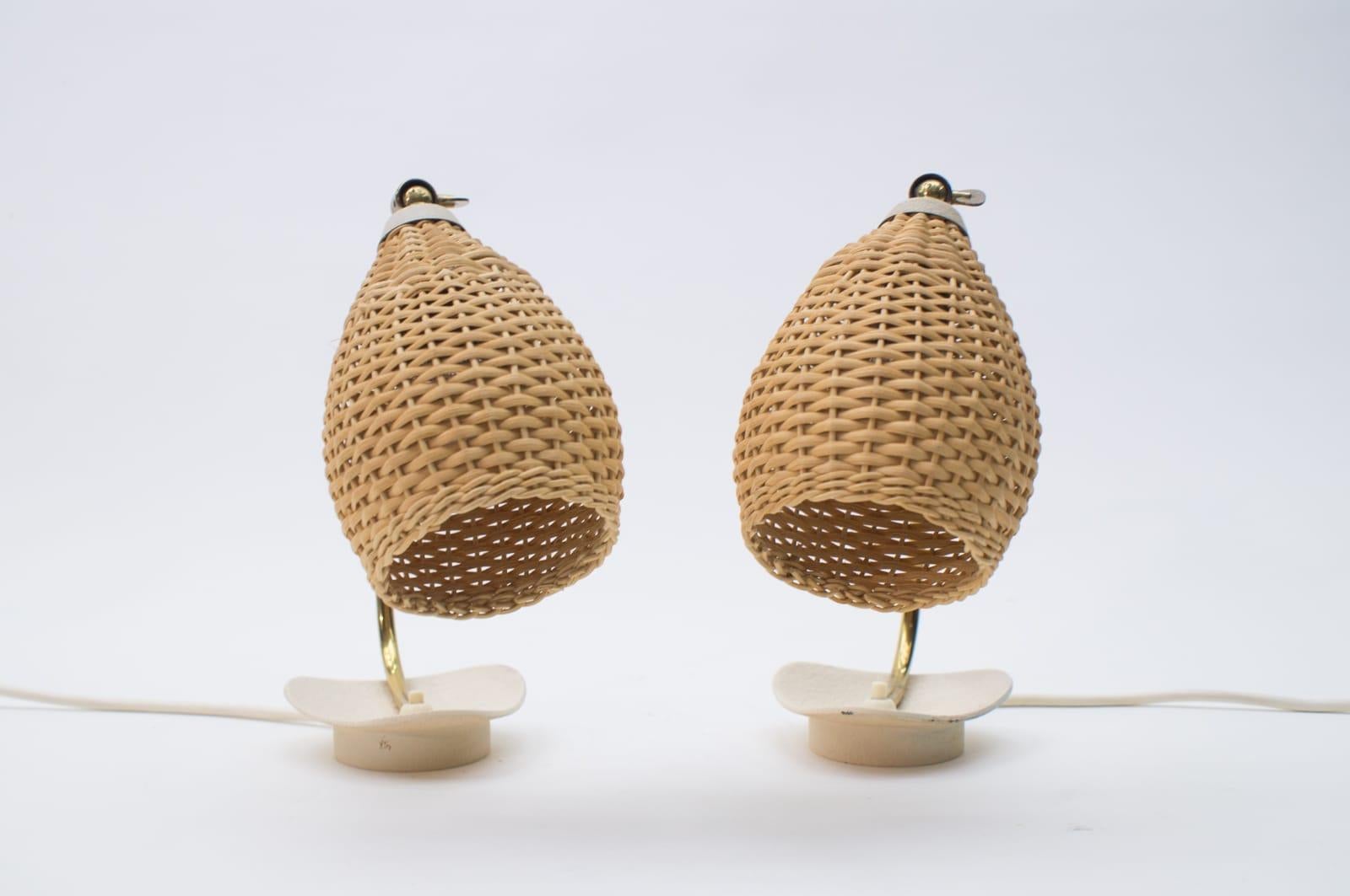 Pair of Lovely Brass and Wicker Table Lamps from the 1950s, Austria For Sale 3