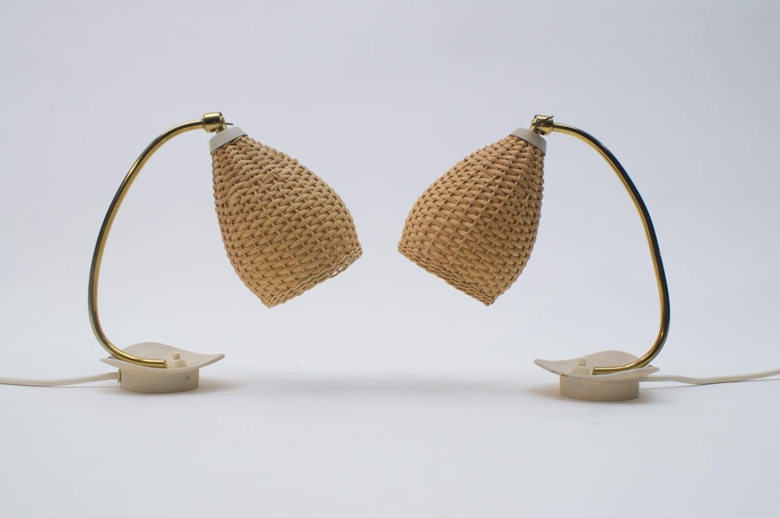 Mid-Century Modern Pair of Lovely Brass and Wicker Table Lamps from the 1950s, Austria For Sale
