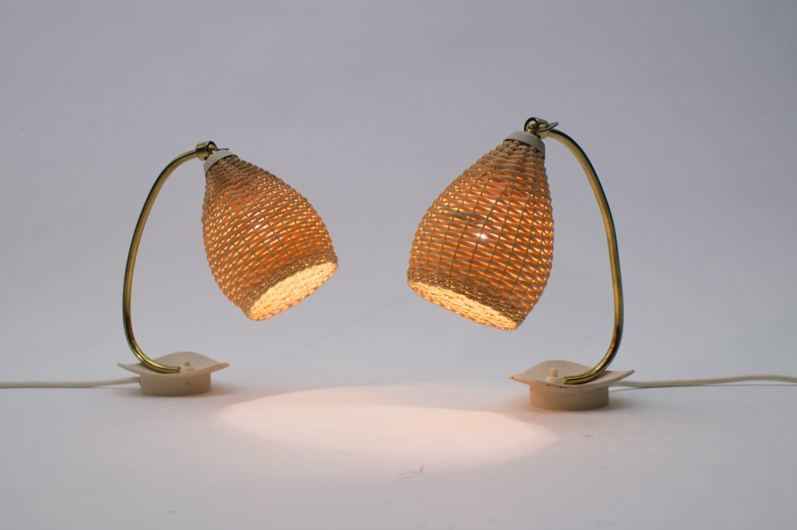 Austrian Pair of Lovely Brass and Wicker Table Lamps from the 1950s, Austria For Sale