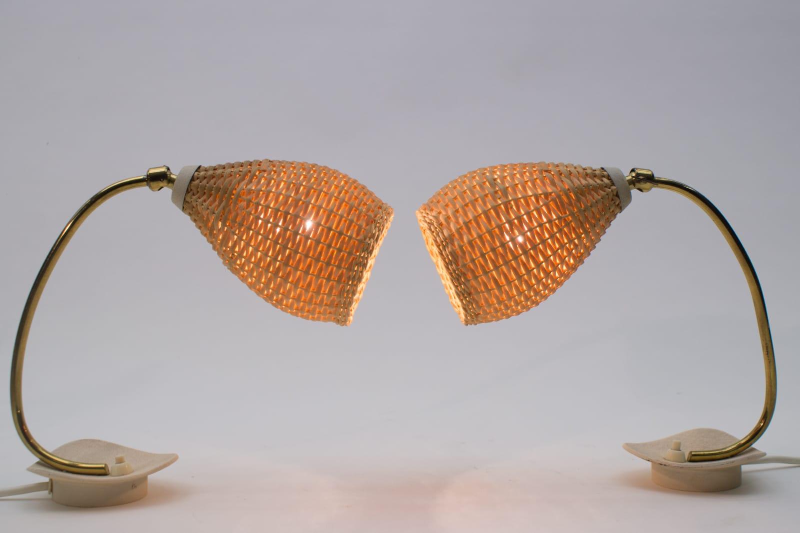 Mid-20th Century Pair of Lovely Brass and Wicker Table Lamps from the 1950s, Austria For Sale