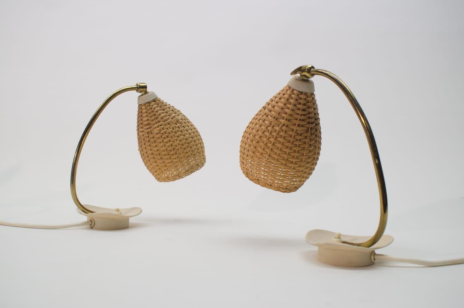 Pair of Lovely Brass and Wicker Table Lamps from the 1950s, Austria For Sale 1