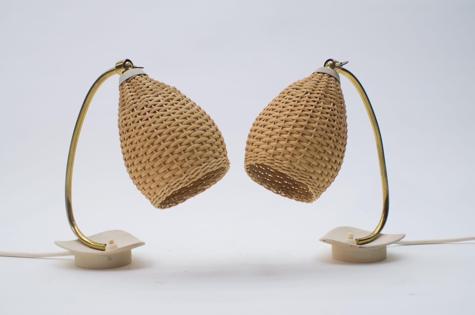 Pair of Lovely Brass and Wicker Table Lamps from the 1950s, Austria For Sale 2