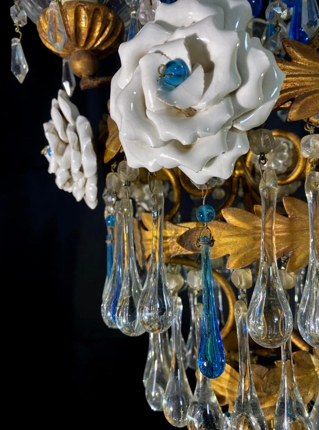 Pair of Lovely Chandeliers with White Roses and Blue Drops, Murano, 1950s For Sale 8