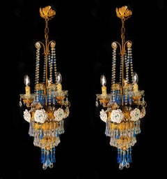 Pair of Lovely Chandeliers with White Roses and Blue Drops, Murano, 1950s