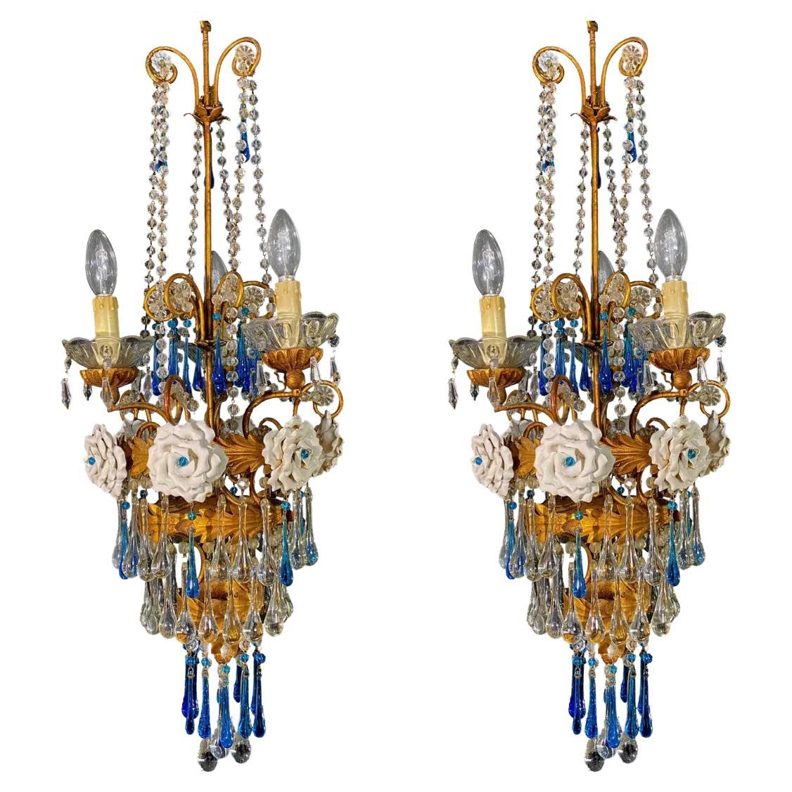 Pair of Lovely Chandeliers with White Roses and Blue Drops, Murano, 1950s For Sale 13